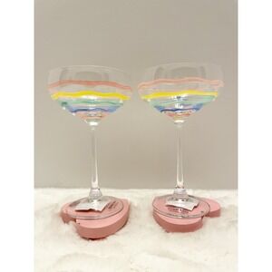 Set of 2 EASTER Pastel Glass Handpainted Martini Glasses Heart Accents NEW